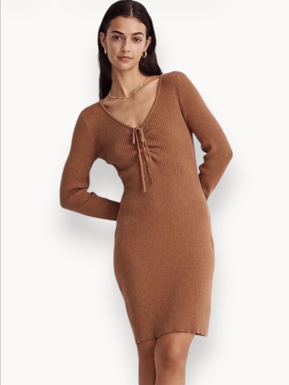 Madewell Ribbed V-Neck Tie-Front Knit Dress in Camel Brown
